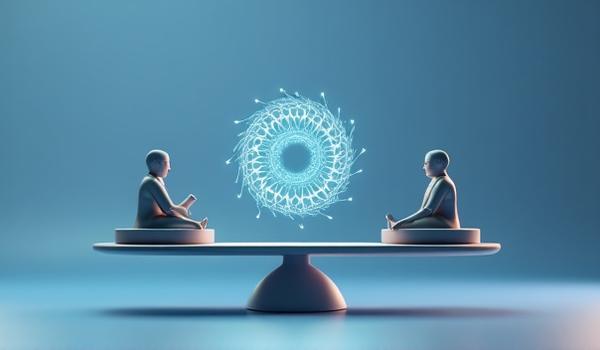 天秤の上に弁護士と弁理士を示すアイコンが均等に配置され、その中心に強力な歯車のシンボルがあるグラフィック。協力と包括的な力を象徴。