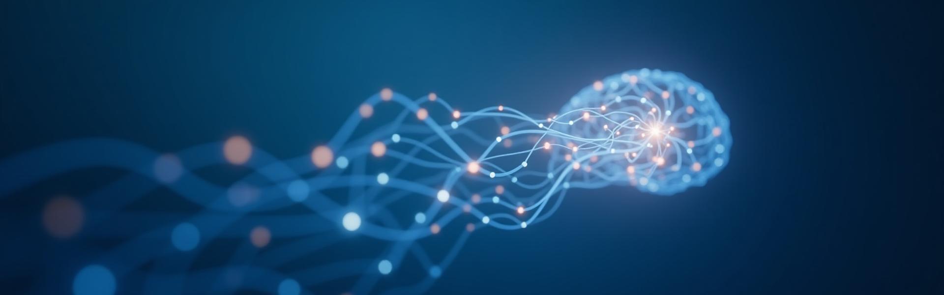 抽象的な光の線で描かれた脳や電球のグラフィック、イノベーションを象徴